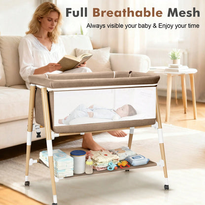 3 In 1 Baby Bedside Bassinet, Portable Travel Crib With Wheels,Adjustable 5 Height,Mattress,Mosquito Net,Basket,Carry Bag,Khaki