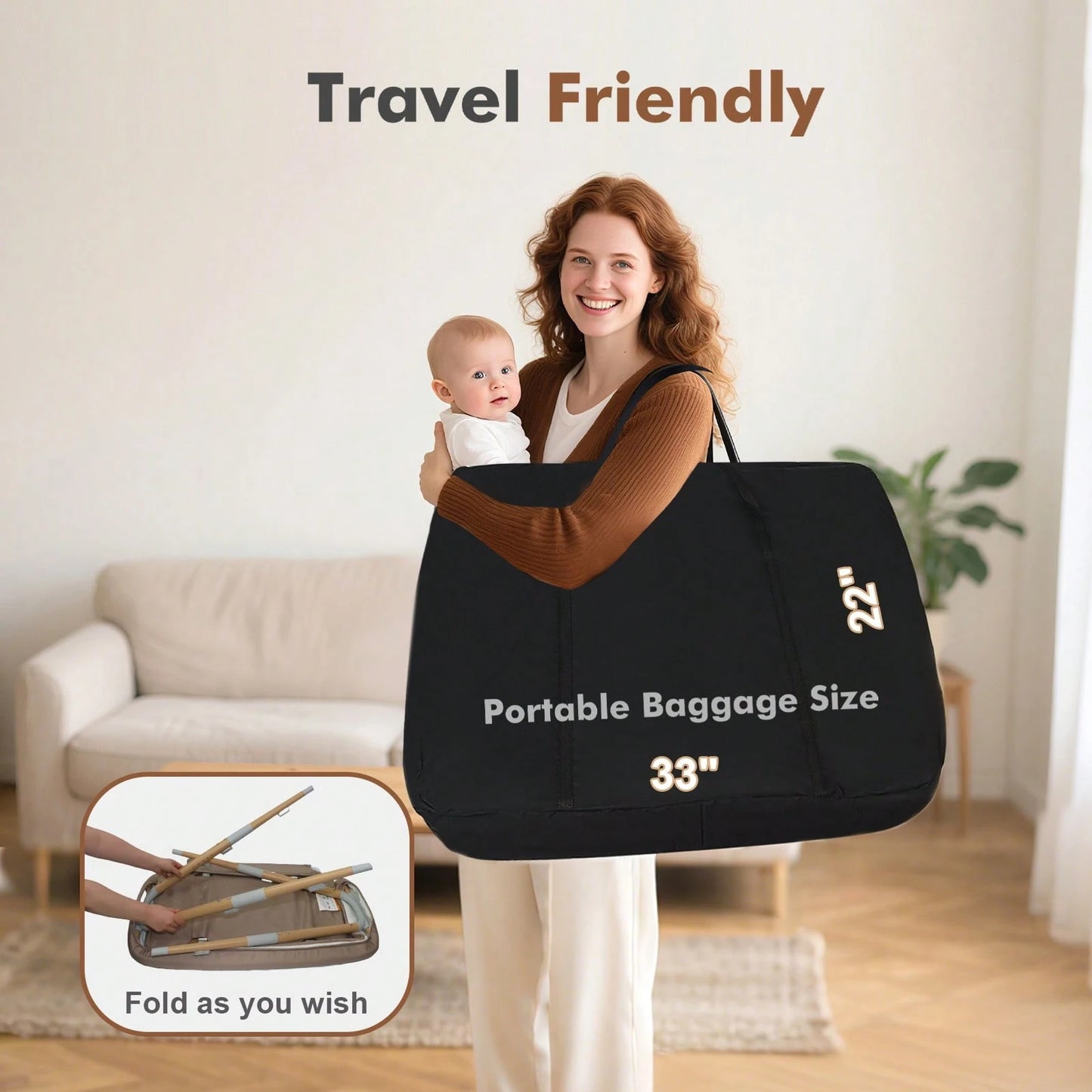 3 In 1 Baby Bedside Bassinet, Portable Travel Crib With Wheels,Adjustable 5 Height,Mattress,Mosquito Net,Basket,Carry Bag,Khaki