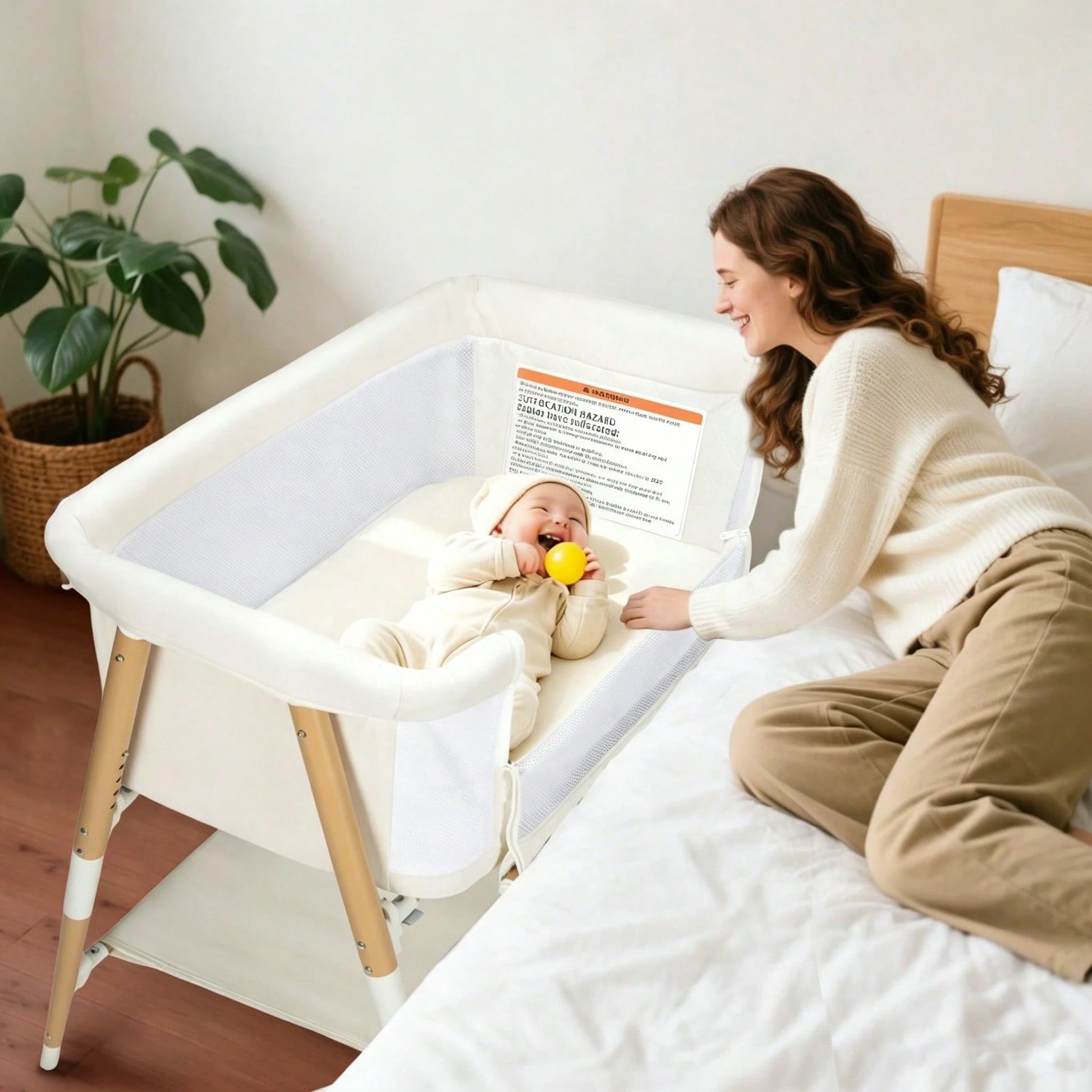 3 In 1 Baby Bedside Bassinet, Portable Travel Crib With Wheels,Adjustable 5 Height,Mattress,Mosquito Net,Basket,Carry Bag,Khaki