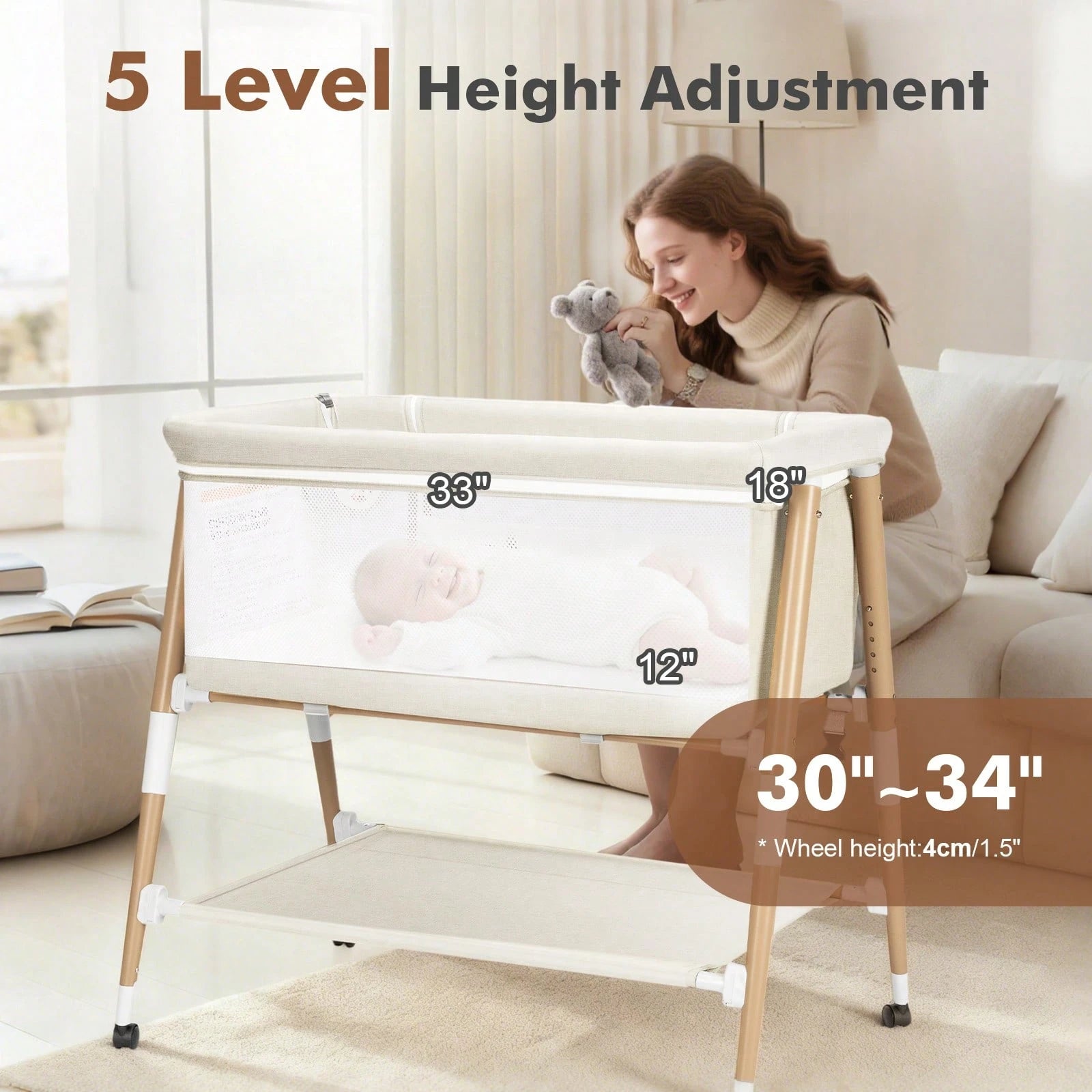3 In 1 Baby Bedside Bassinet, Portable Travel Crib With Wheels,Adjustable 5 Height,Mattress,Mosquito Net,Basket,Carry Bag,Khaki