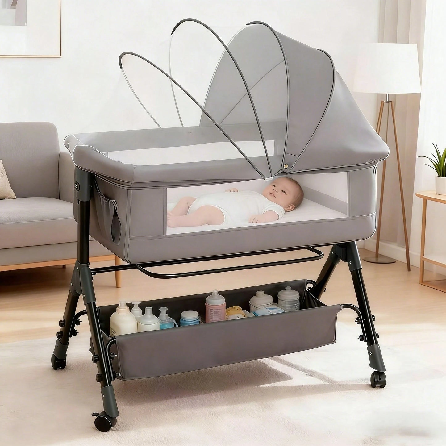 3-In-1 Baby Crib,Bedside Bassinet, Baby Bed With Storage Basket,Easy To Fold,6 Adjustable Height Portable Crib For Infant/Newborn,Baby Need,Baby Stuff