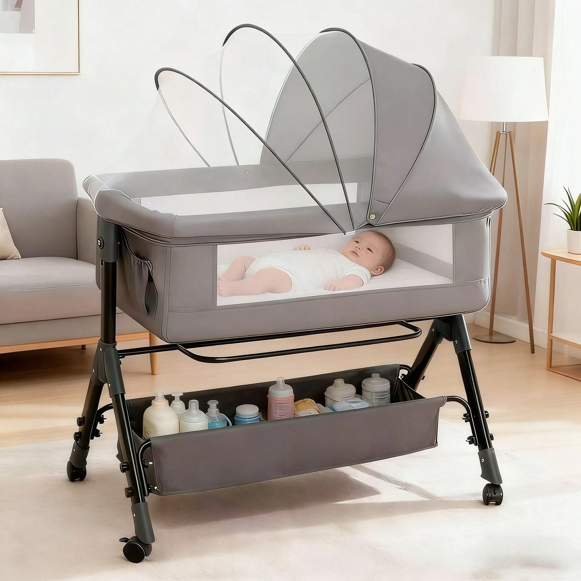 3-In-1 Baby Crib,Bedside Bassinet, Baby Bed With Storage Basket,Easy To Fold,6 Adjustable Height Portable Crib For Infant/Newborn,Baby Need,Baby Stuff