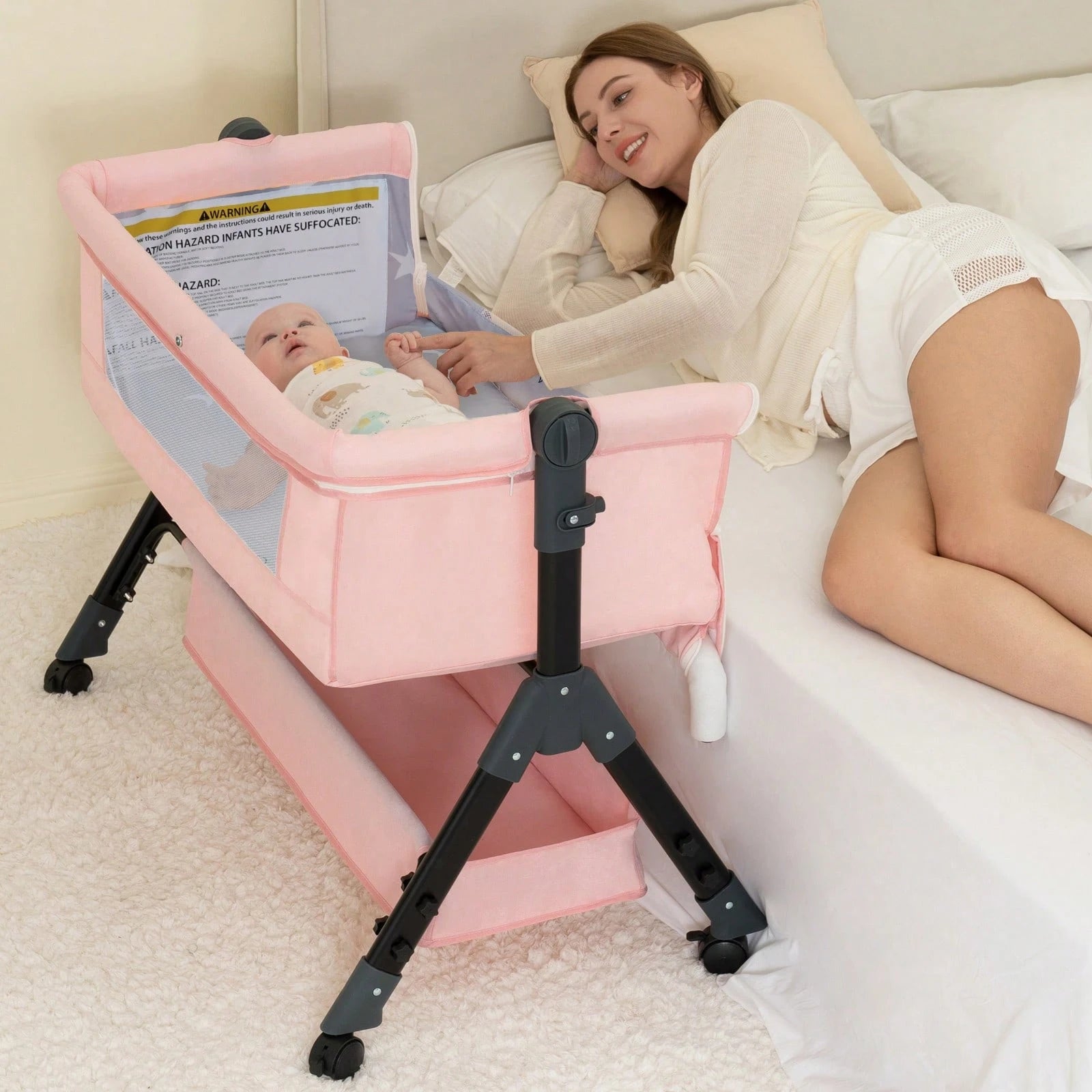 3-In-1 Baby Crib,Bedside Bassinet, Baby Bed With Storage Basket,Easy To Fold,6 Adjustable Height Portable Crib For Infant/Newborn,Baby Need,Baby Stuff
