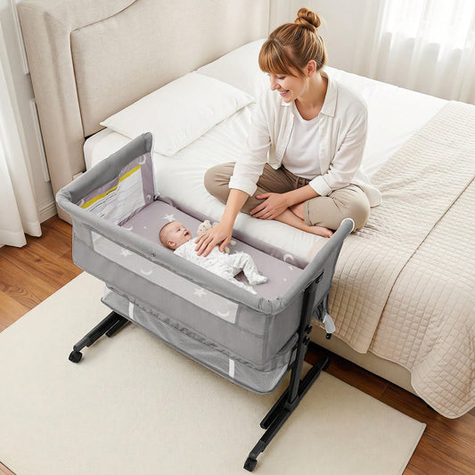 3-In-1 Baby Crib,Bedside Bassinet, Baby Bed With Storage Basket,Easy To Fold,6 Adjustable Height Portable Crib For Infant/Newborn,Baby Need,Baby Stuff