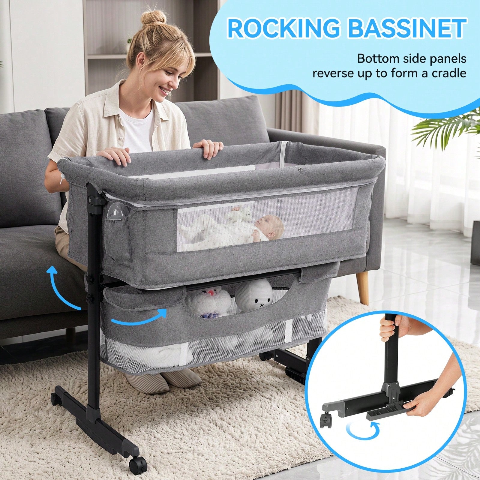 3-In-1 Baby Crib,Bedside Bassinet, Baby Bed With Storage Basket,Easy To Fold,6 Adjustable Height Portable Crib For Infant/Newborn,Baby Need,Baby Stuff