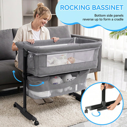 3-In-1 Baby Crib,Bedside Bassinet, Baby Bed With Storage Basket,Easy To Fold,6 Adjustable Height Portable Crib For Infant/Newborn,Baby Need,Baby Stuff