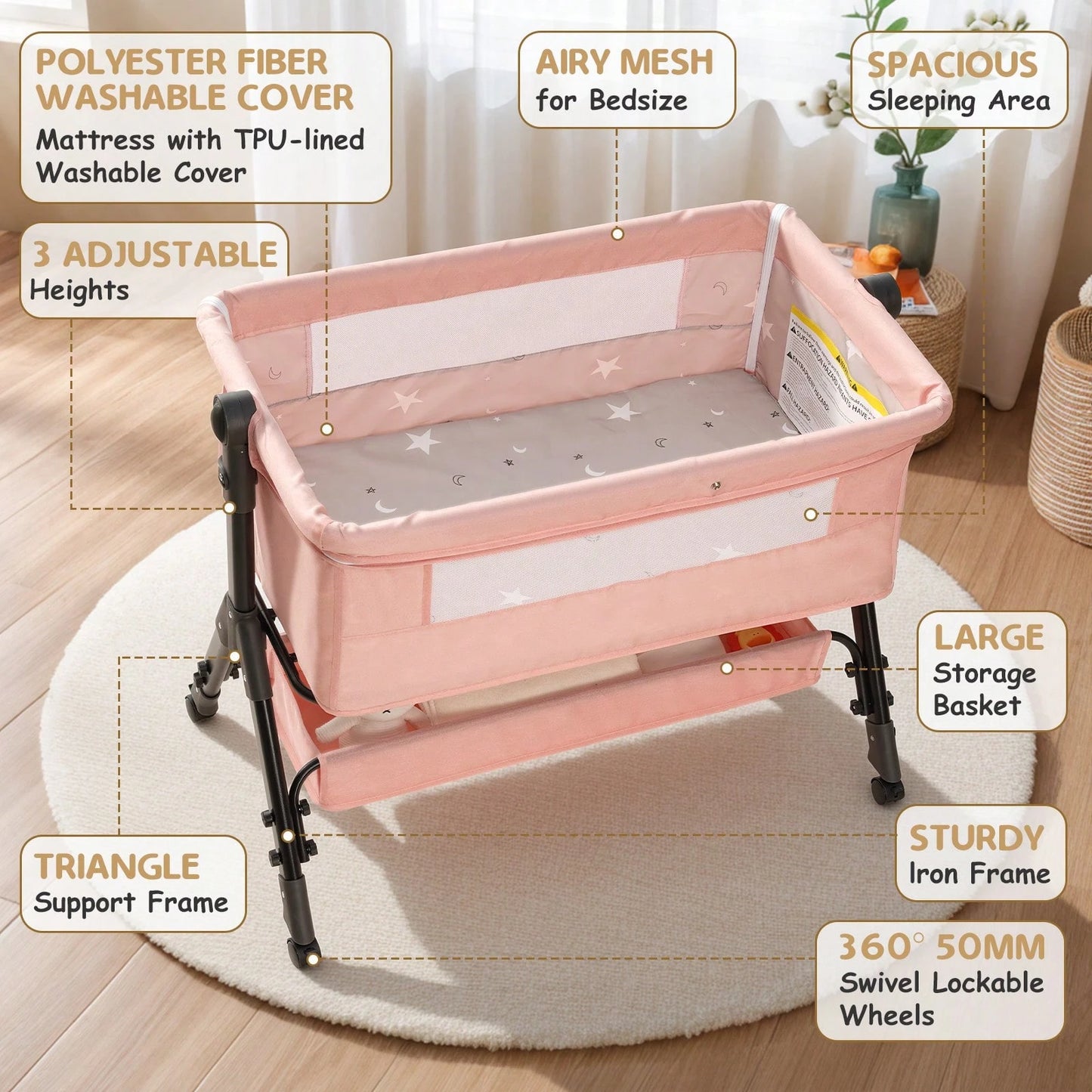 3-In-1 Baby Crib,Bedside Bassinet, Baby Bed With Storage Basket,Easy To Fold,6 Adjustable Height Portable Crib For Infant/Newborn,Baby Need,Baby Stuff