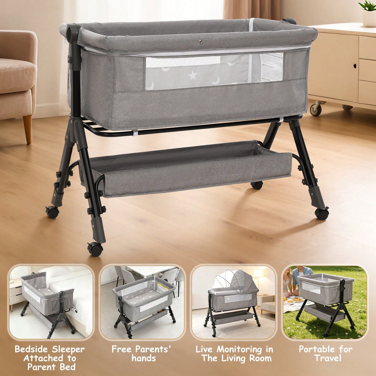 3-In-1 Baby Crib,Bedside Bassinet, Baby Bed With Storage Basket,Easy To Fold,6 Adjustable Height Portable Crib For Infant/Newborn,Baby Need,Baby Stuff