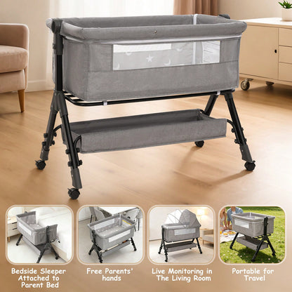 3-In-1 Baby Crib,Bedside Bassinet, Baby Bed With Storage Basket,Easy To Fold,6 Adjustable Height Portable Crib For Infant/Newborn,Baby Need,Baby Stuff