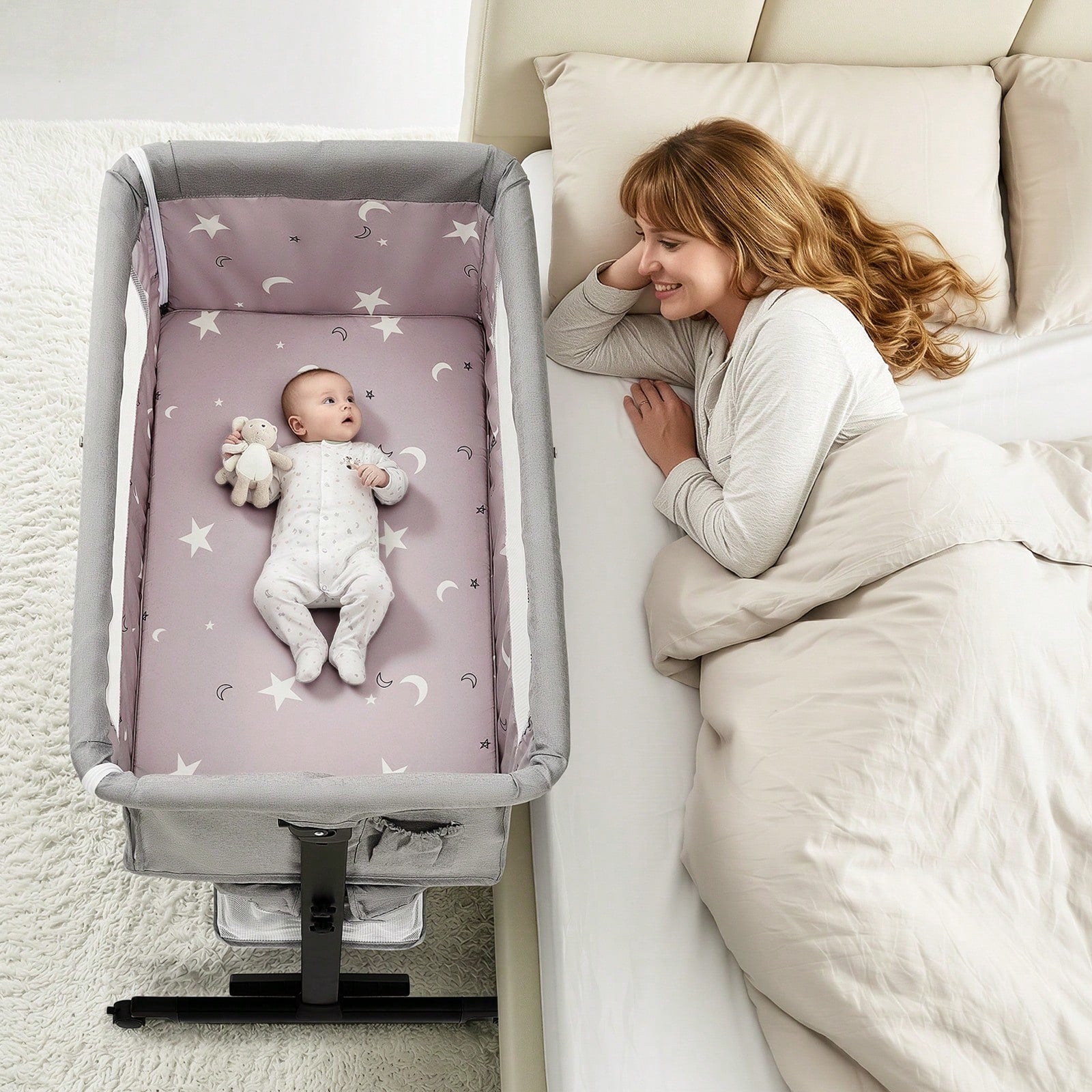3-In-1 Baby Crib,Bedside Bassinet, Baby Bed With Storage Basket,Easy To Fold,6 Adjustable Height Portable Crib For Infant/Newborn,Baby Need,Baby Stuff