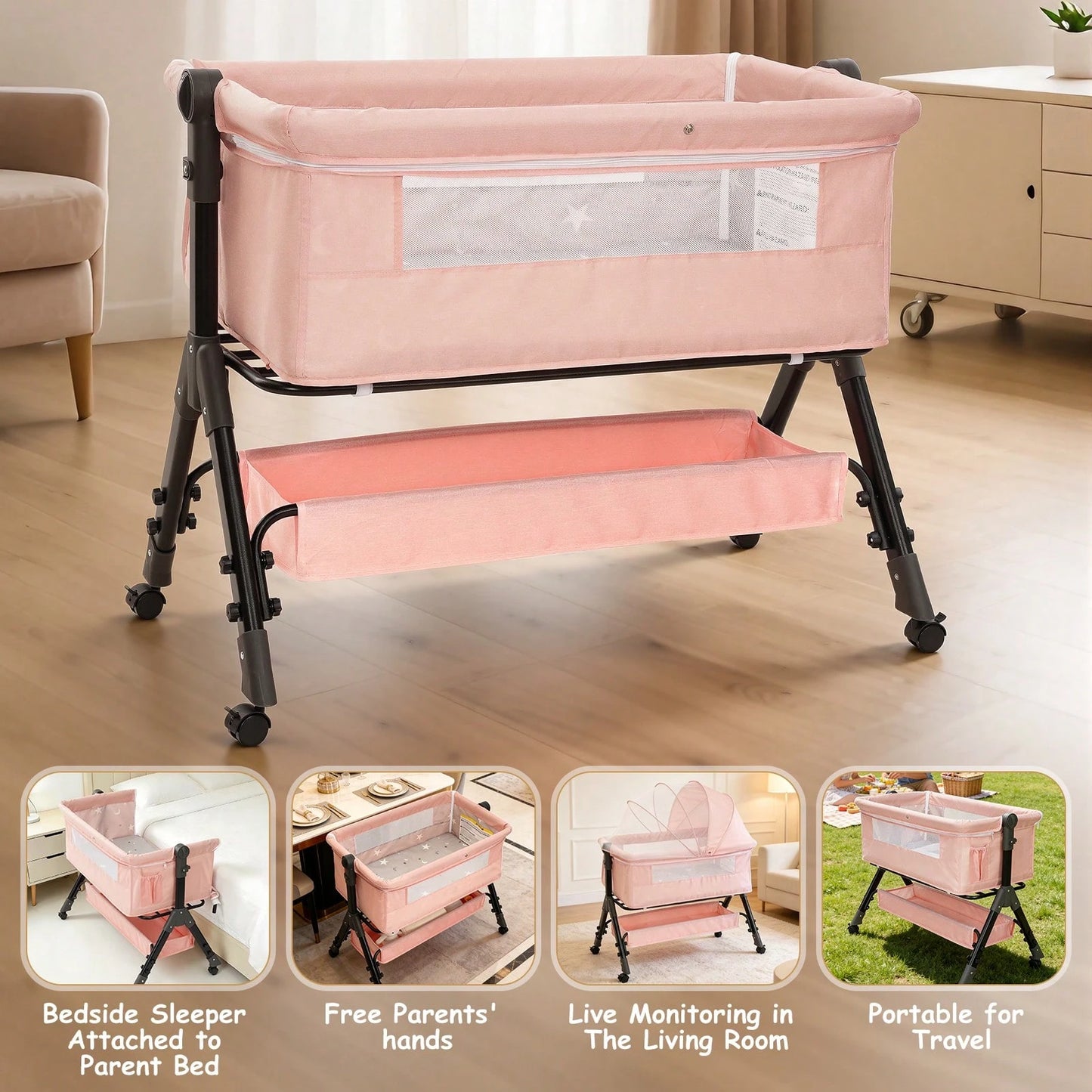3-In-1 Baby Crib,Bedside Bassinet, Baby Bed With Storage Basket,Easy To Fold,6 Adjustable Height Portable Crib For Infant/Newborn,Baby Need,Baby Stuff
