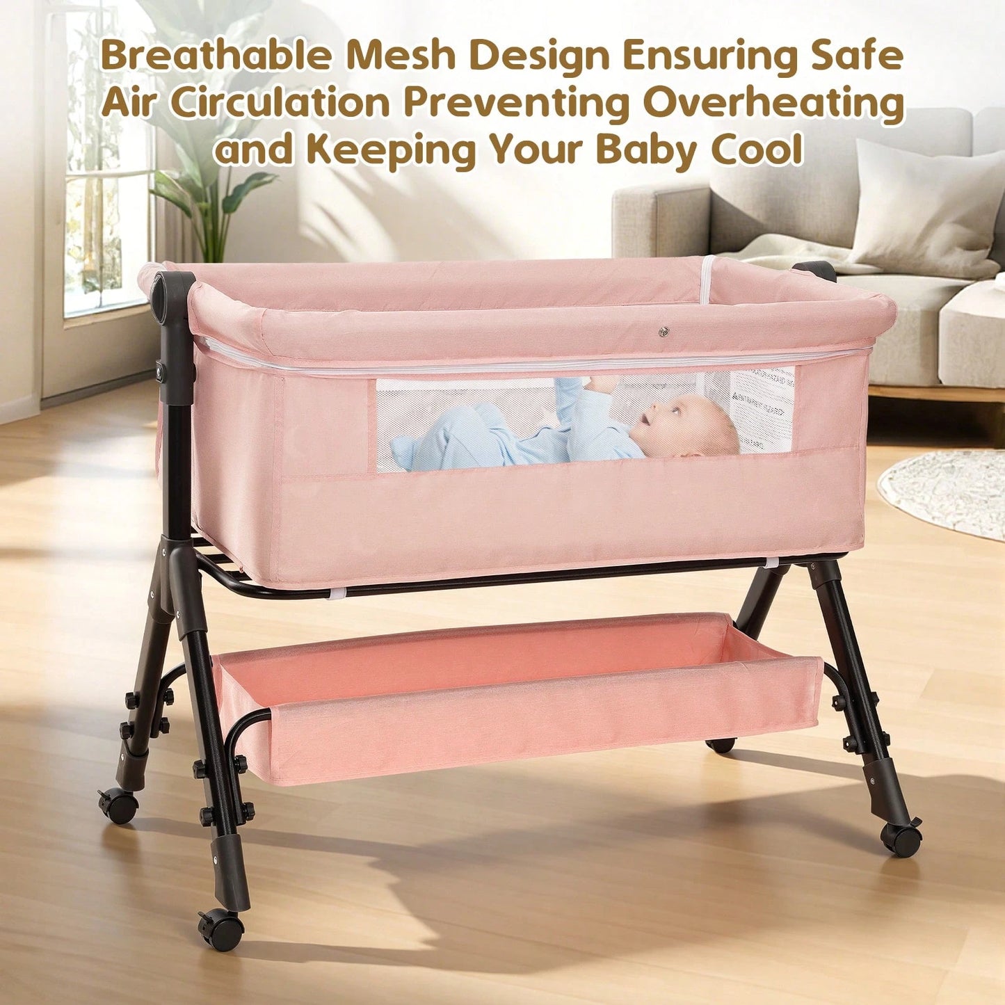 3-In-1 Baby Crib,Bedside Bassinet, Baby Bed With Storage Basket,Easy To Fold,6 Adjustable Height Portable Crib For Infant/Newborn,Baby Need,Baby Stuff