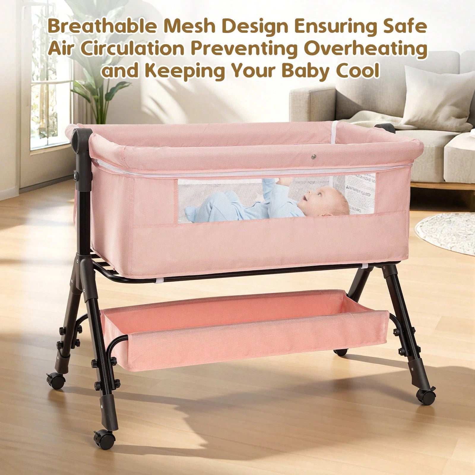 3-In-1 Baby Crib,Bedside Bassinet, Baby Bed With Storage Basket,Easy To Fold,6 Adjustable Height Portable Crib For Infant/Newborn,Baby Need,Baby Stuff