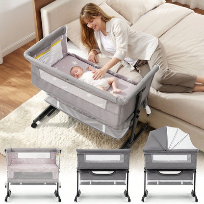 3-In-1 Baby Crib,Bedside Bassinet, Baby Bed With Storage Basket,Easy To Fold,6 Adjustable Height Portable Crib For Infant/Newborn,Baby Need,Baby Stuff