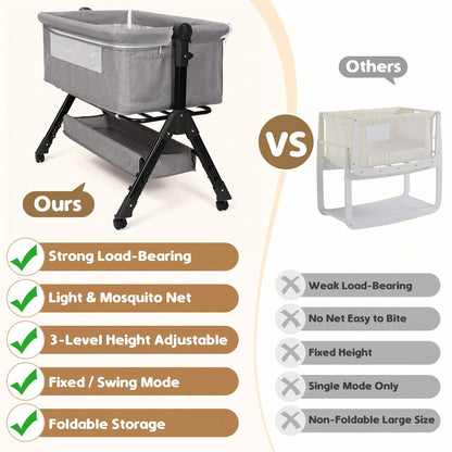 3-In-1 Baby Crib,Bedside Bassinet, Baby Bed With Storage Basket,Easy To Fold,6 Adjustable Height Portable Crib For Infant/Newborn,Baby Need,Baby Stuff