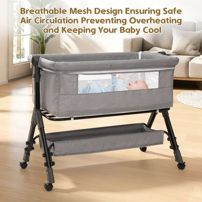 3-In-1 Baby Crib,Bedside Bassinet, Baby Bed With Storage Basket,Easy To Fold,6 Adjustable Height Portable Crib For Infant/Newborn,Baby Need,Baby Stuff