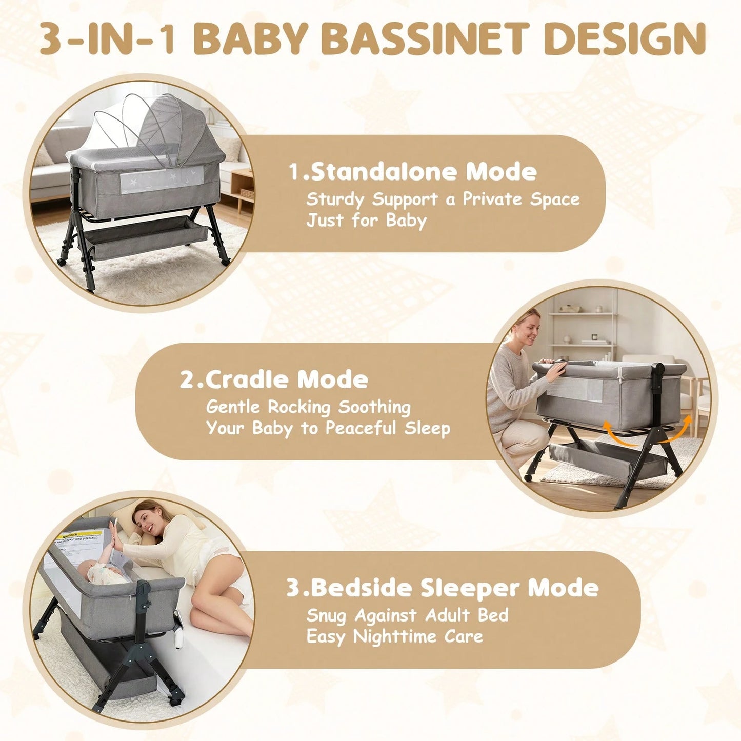 3-In-1 Baby Crib,Bedside Bassinet, Baby Bed With Storage Basket,Easy To Fold,6 Adjustable Height Portable Crib For Infant/Newborn,Baby Need,Baby Stuff