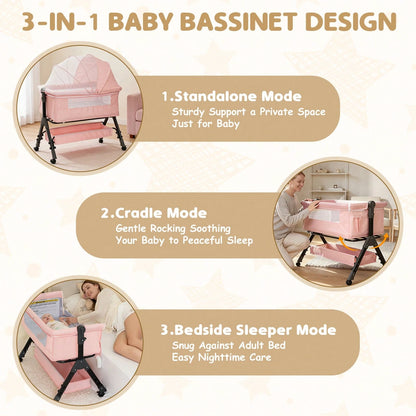 3-In-1 Baby Crib,Bedside Bassinet, Baby Bed With Storage Basket,Easy To Fold,6 Adjustable Height Portable Crib For Infant/Newborn,Baby Need,Baby Stuff