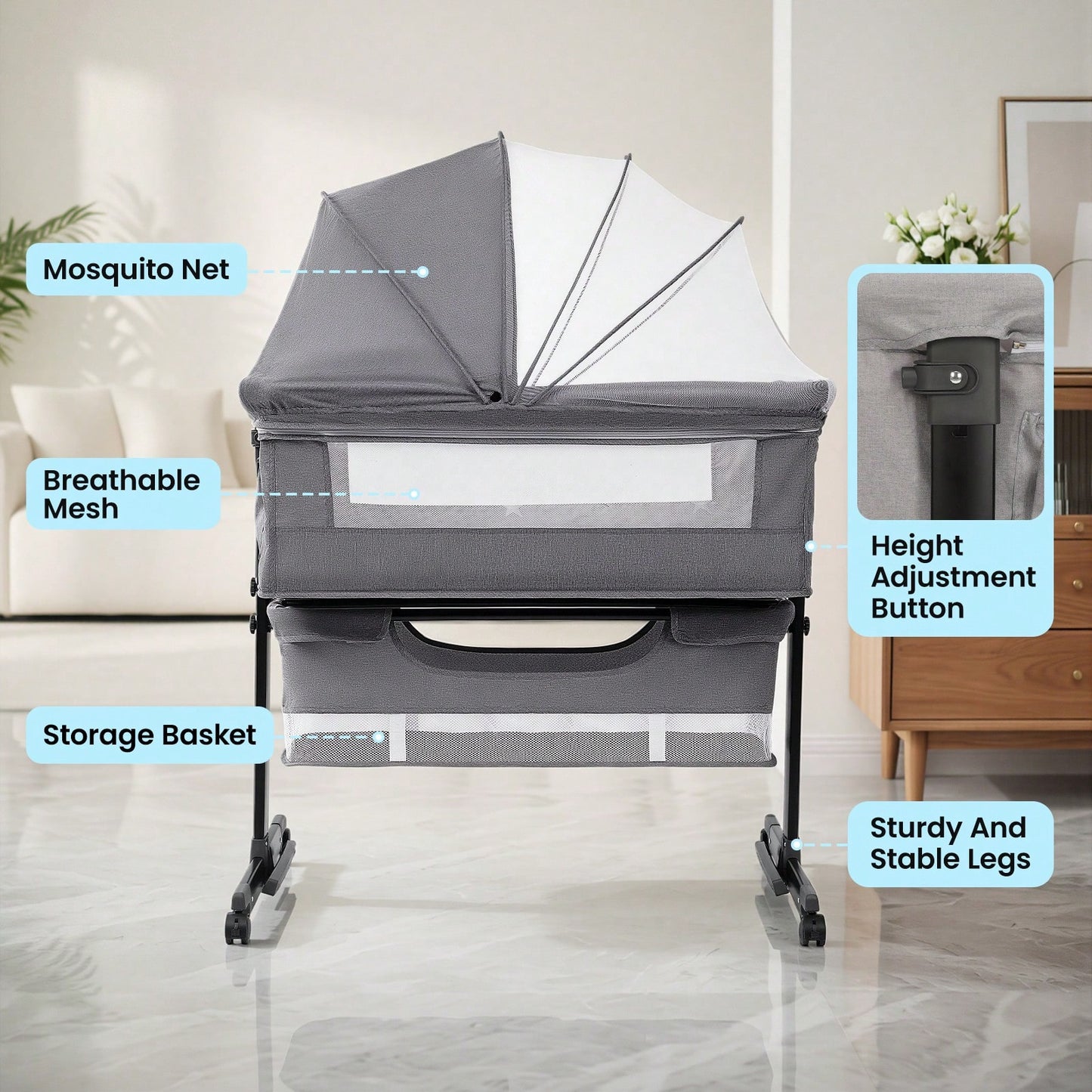 3-In-1 Baby Crib,Bedside Bassinet, Baby Bed With Storage Basket,Easy To Fold,6 Adjustable Height Portable Crib For Infant/Newborn,Baby Need,Baby Stuff