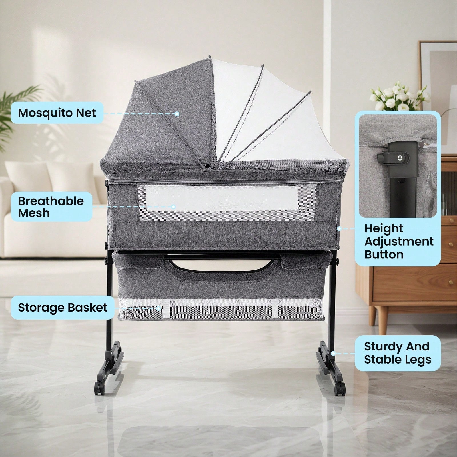3-In-1 Baby Crib,Bedside Bassinet, Baby Bed With Storage Basket,Easy To Fold,6 Adjustable Height Portable Crib For Infant/Newborn,Baby Need,Baby Stuff