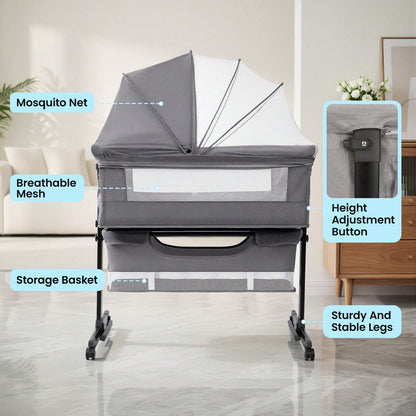 3-In-1 Baby Crib,Bedside Bassinet, Baby Bed With Storage Basket,Easy To Fold,6 Adjustable Height Portable Crib For Infant/Newborn,Baby Need,Baby Stuff