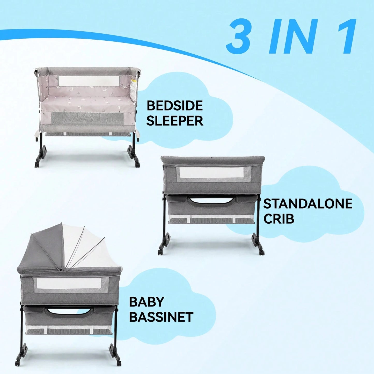 3-In-1 Baby Crib,Bedside Bassinet, Baby Bed With Storage Basket,Easy To Fold,6 Adjustable Height Portable Crib For Infant/Newborn,Baby Need,Baby Stuff