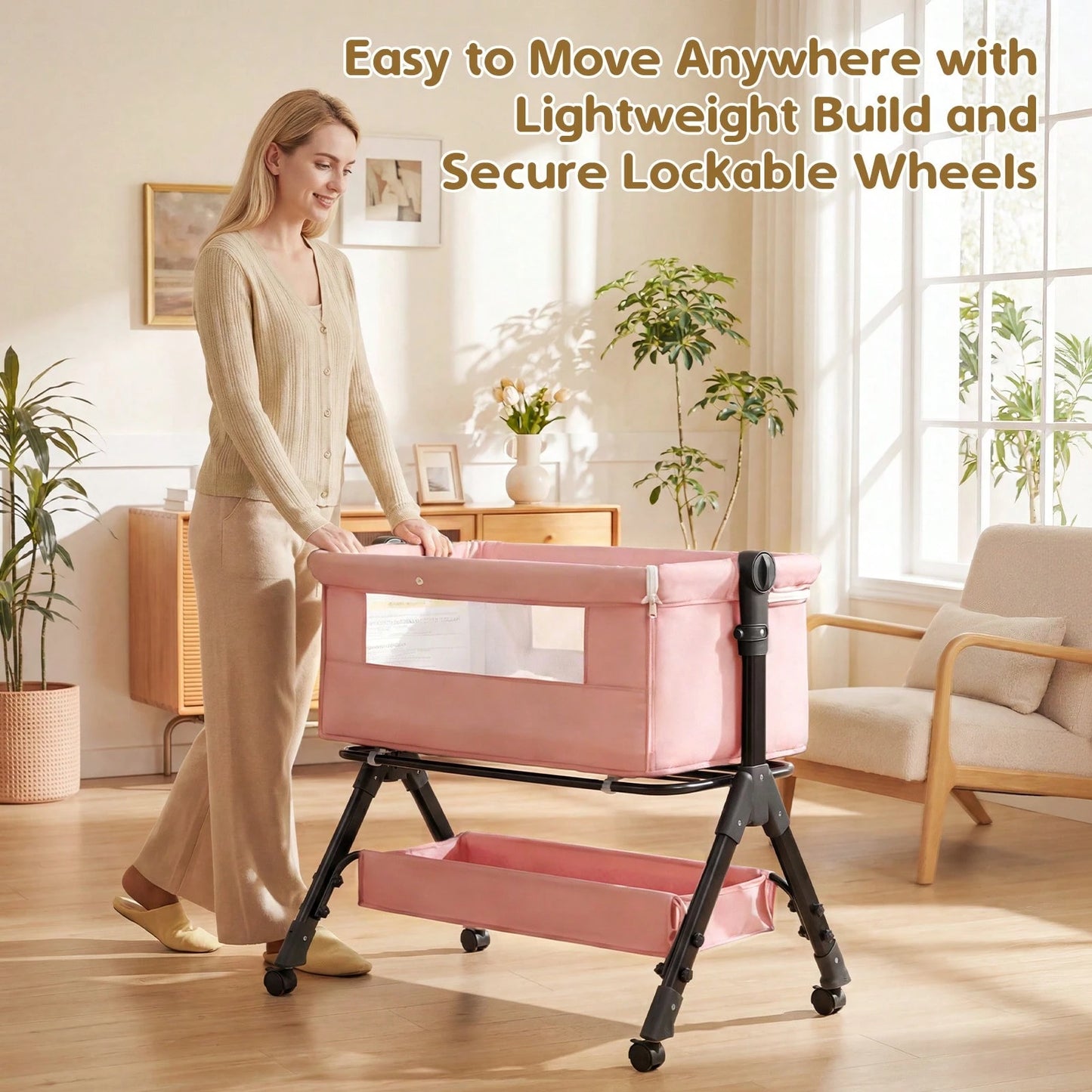 3-In-1 Baby Crib,Bedside Bassinet, Baby Bed With Storage Basket,Easy To Fold,6 Adjustable Height Portable Crib For Infant/Newborn,Baby Need,Baby Stuff