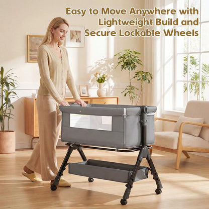3-In-1 Baby Crib,Bedside Bassinet, Baby Bed With Storage Basket,Easy To Fold,6 Adjustable Height Portable Crib For Infant/Newborn,Baby Need,Baby Stuff