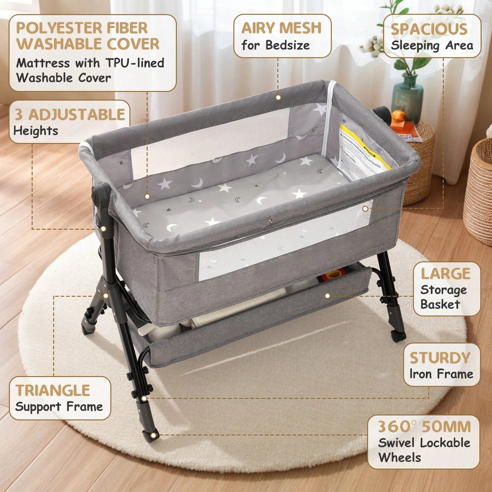 3-In-1 Baby Crib,Bedside Bassinet, Baby Bed With Storage Basket,Easy To Fold,6 Adjustable Height Portable Crib For Infant/Newborn,Baby Need,Baby Stuff