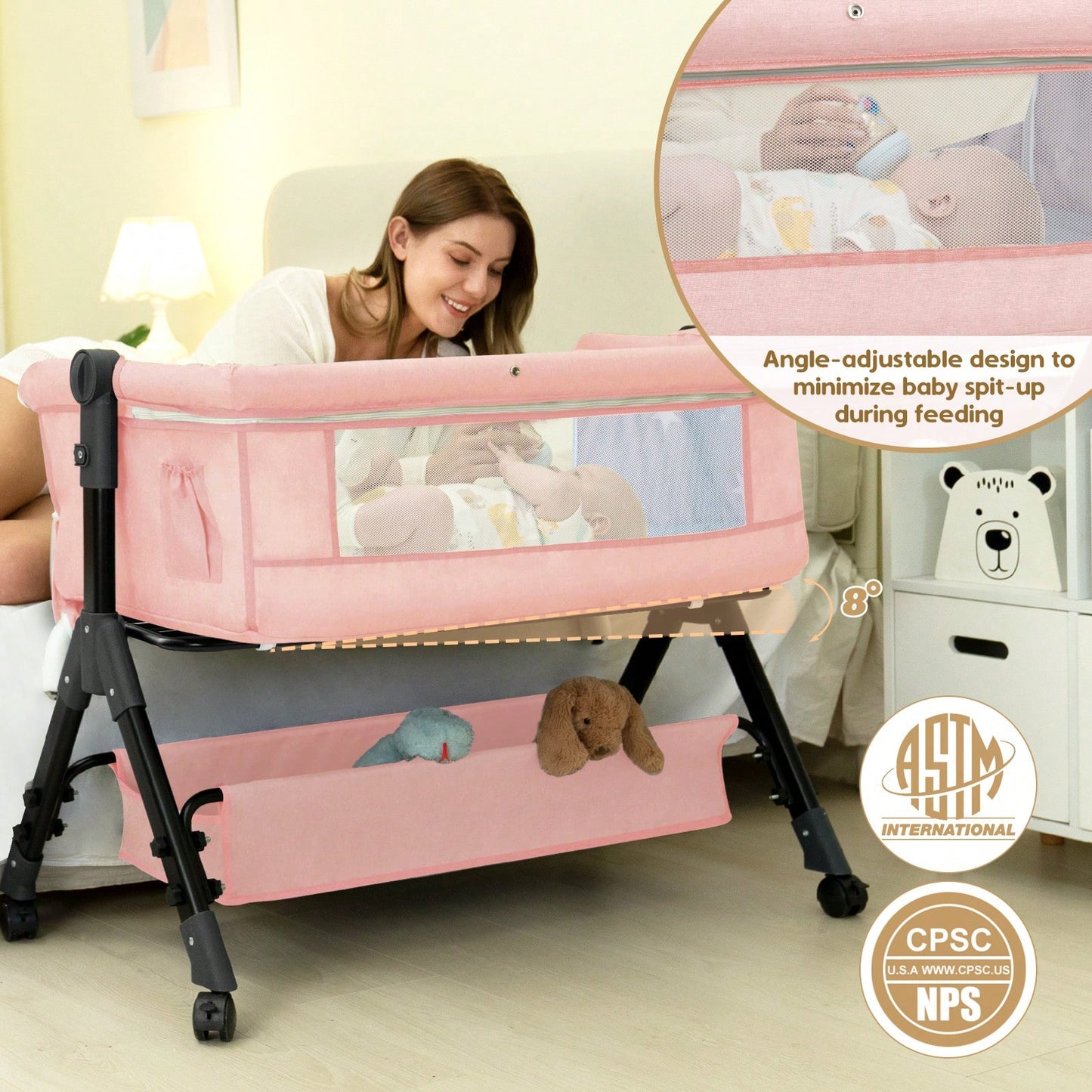 3-In-1 Baby Crib,Bedside Bassinet, Baby Bed With Storage Basket,Easy To Fold,6 Adjustable Height Portable Crib For Infant/Newborn,Baby Need,Baby Stuff