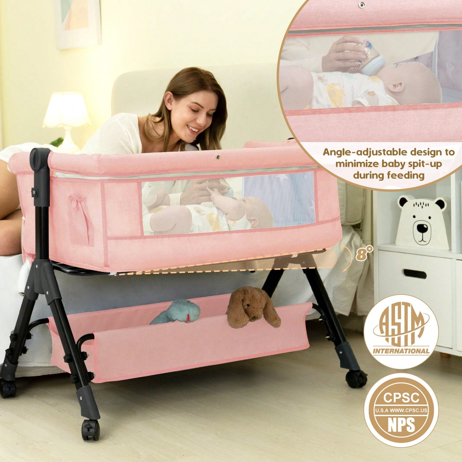 3-In-1 Baby Crib,Bedside Bassinet, Baby Bed With Storage Basket,Easy To Fold,6 Adjustable Height Portable Crib For Infant/Newborn,Baby Need,Baby Stuff