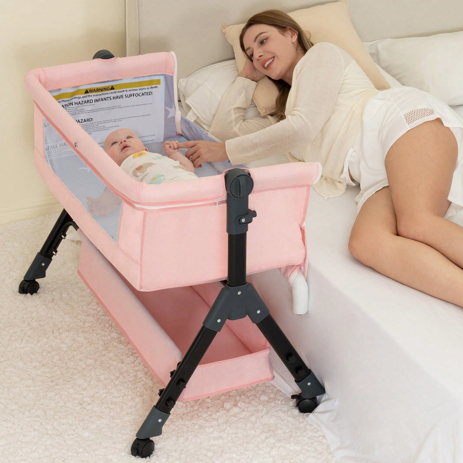 3-In-1 Baby Crib,Bedside Bassinet, Baby Bed With Storage Basket,Easy To Fold,6 Adjustable Height Portable Crib For Infant/Newborn,Baby Need,Baby Stuff