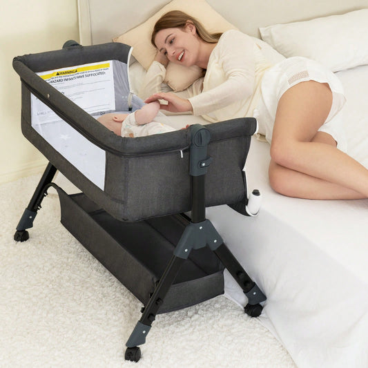 3-In-1 Baby Crib,Bedside Bassinet, Baby Bed With Storage Basket And Mosquito Net, Easy To Fold,6 Adjustable Height For Infant/Baby/Newborn, Baby Need
