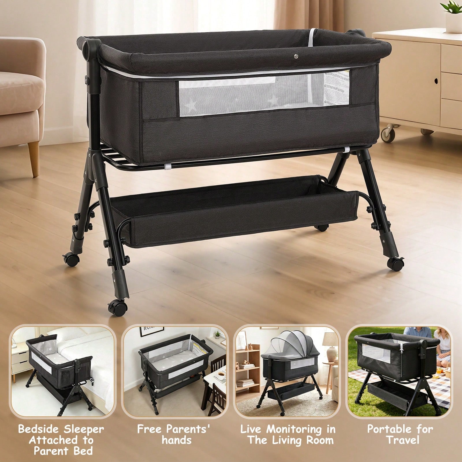 3-In-1 Baby Crib,Bedside Bassinet, Baby Bed With Storage Basket And Mosquito Net, Easy To Fold,6 Adjustable Height For Infant/Baby/Newborn, Baby Need
