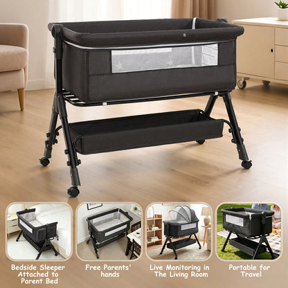 3-In-1 Baby Crib,Bedside Bassinet, Baby Bed With Storage Basket And Mosquito Net, Easy To Fold,6 Adjustable Height For Infant/Baby/Newborn, Baby Need