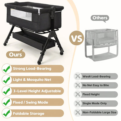 3-In-1 Baby Crib,Bedside Bassinet, Baby Bed With Storage Basket And Mosquito Net, Easy To Fold,6 Adjustable Height For Infant/Baby/Newborn, Baby Need