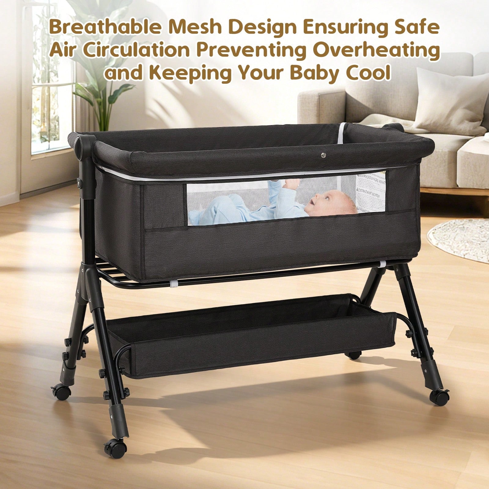 3-In-1 Baby Crib,Bedside Bassinet, Baby Bed With Storage Basket And Mosquito Net, Easy To Fold,6 Adjustable Height For Infant/Baby/Newborn, Baby Need