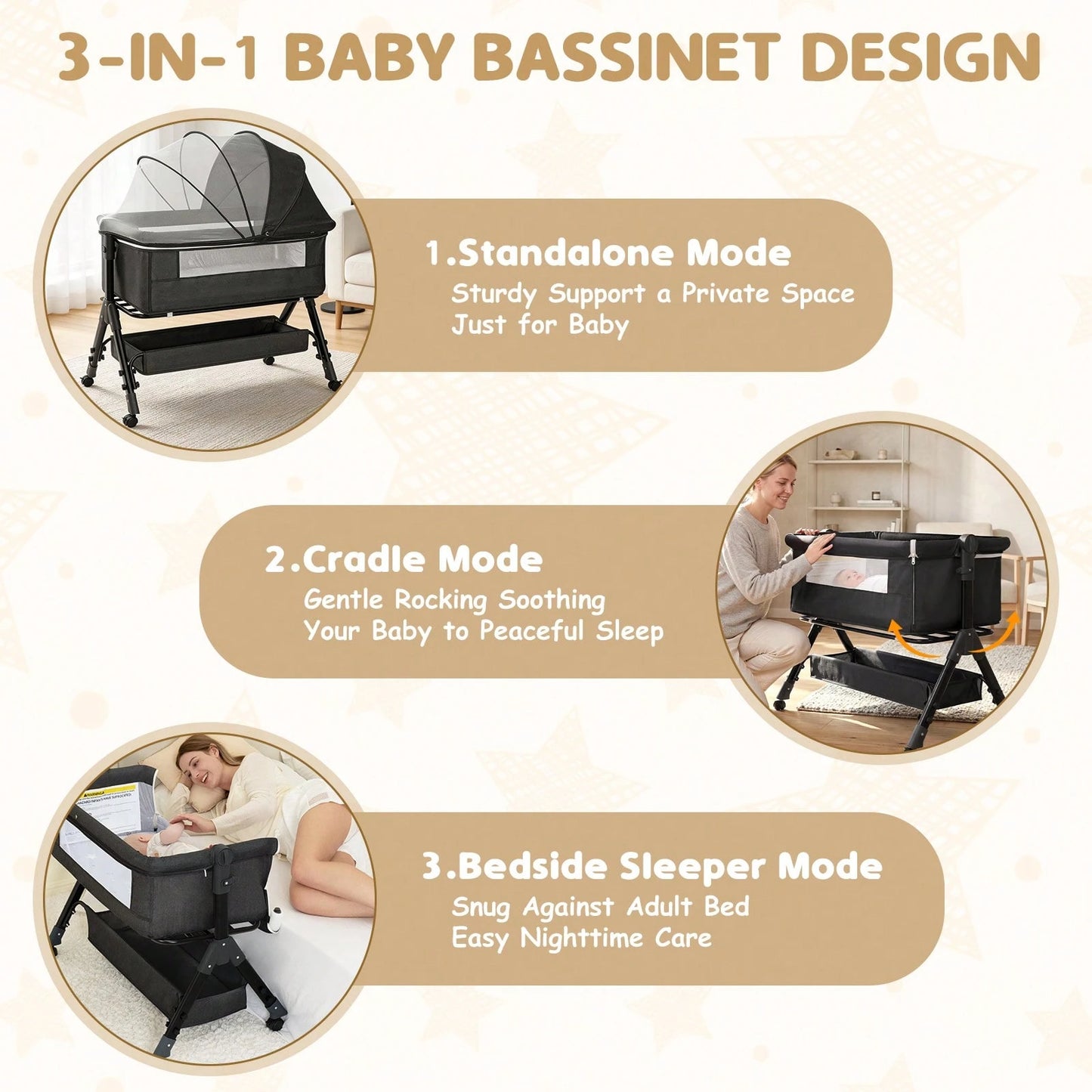 3-In-1 Baby Crib,Bedside Bassinet, Baby Bed With Storage Basket And Mosquito Net, Easy To Fold,6 Adjustable Height For Infant/Baby/Newborn, Baby Need