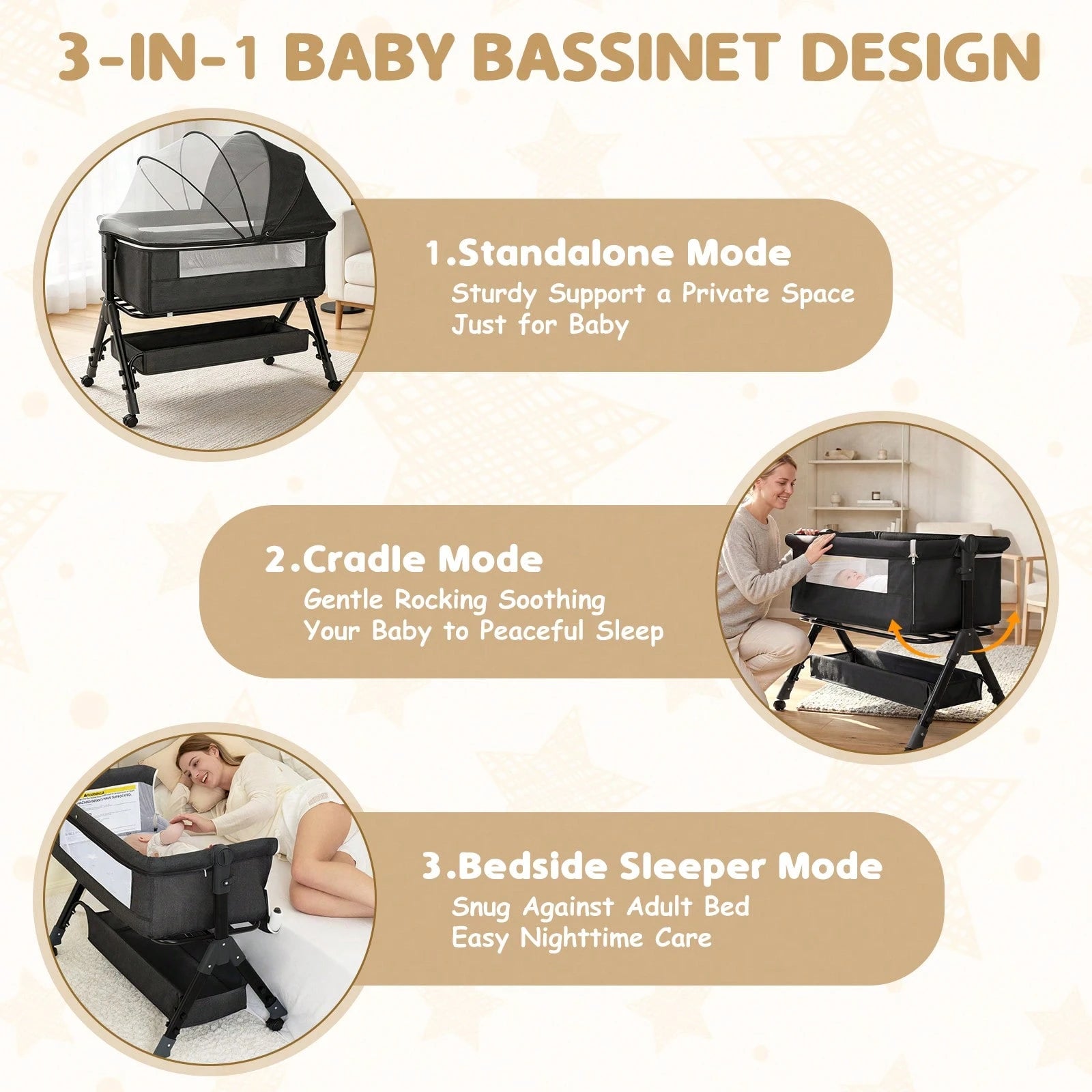 3-In-1 Baby Crib,Bedside Bassinet, Baby Bed With Storage Basket And Mosquito Net, Easy To Fold,6 Adjustable Height For Infant/Baby/Newborn, Baby Need