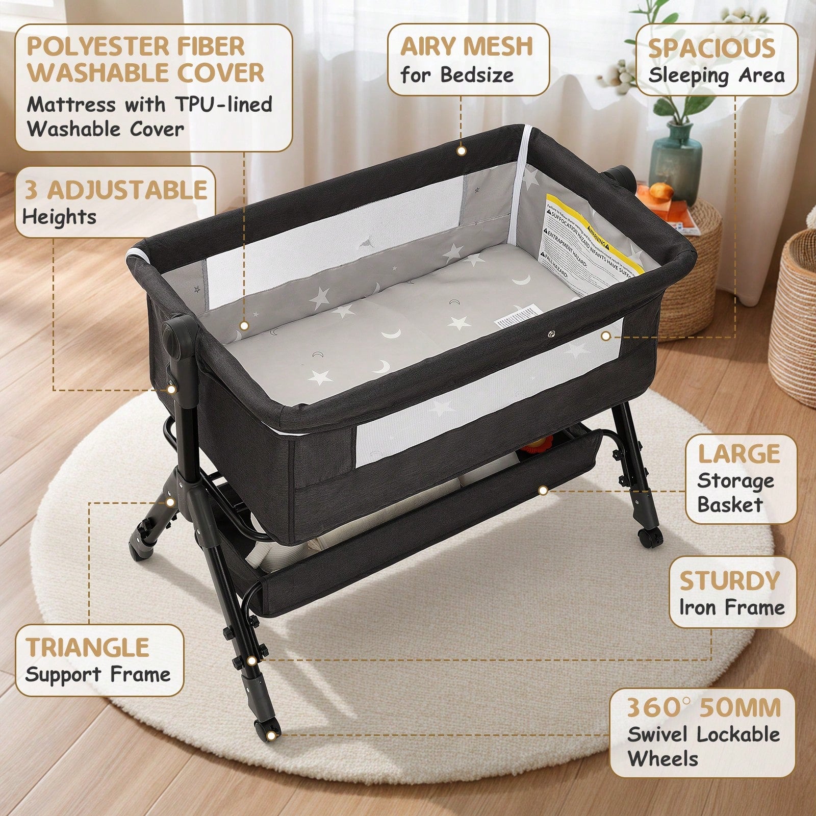3-In-1 Baby Crib,Bedside Bassinet, Baby Bed With Storage Basket And Mosquito Net, Easy To Fold,6 Adjustable Height For Infant/Baby/Newborn, Baby Need