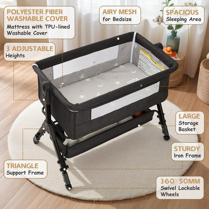 3-In-1 Baby Crib,Bedside Bassinet, Baby Bed With Storage Basket And Mosquito Net, Easy To Fold,6 Adjustable Height For Infant/Baby/Newborn, Baby Need