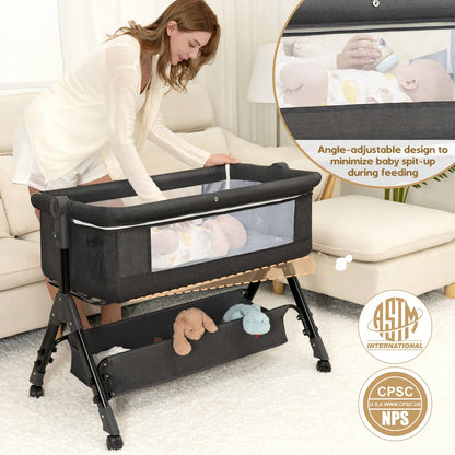3-In-1 Baby Crib,Bedside Bassinet, Baby Bed With Storage Basket And Mosquito Net, Easy To Fold,6 Adjustable Height For Infant/Baby/Newborn, Baby Need
