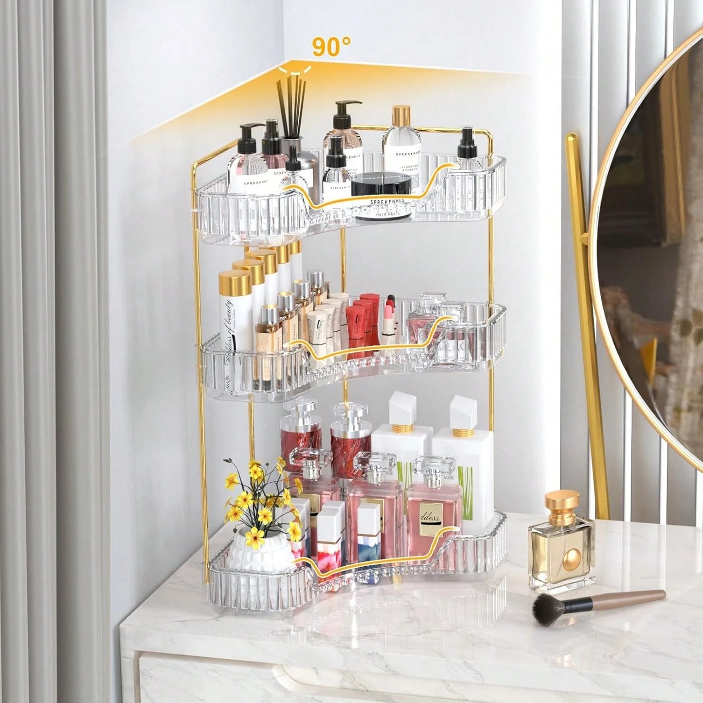 3-Level Corner Vanity Storage Tray, Functional Holder For Various Brushes, Neat Storage Solution For Bathroom And Dressing Table Skincare Supplies(10.63*10.63*5.51in)