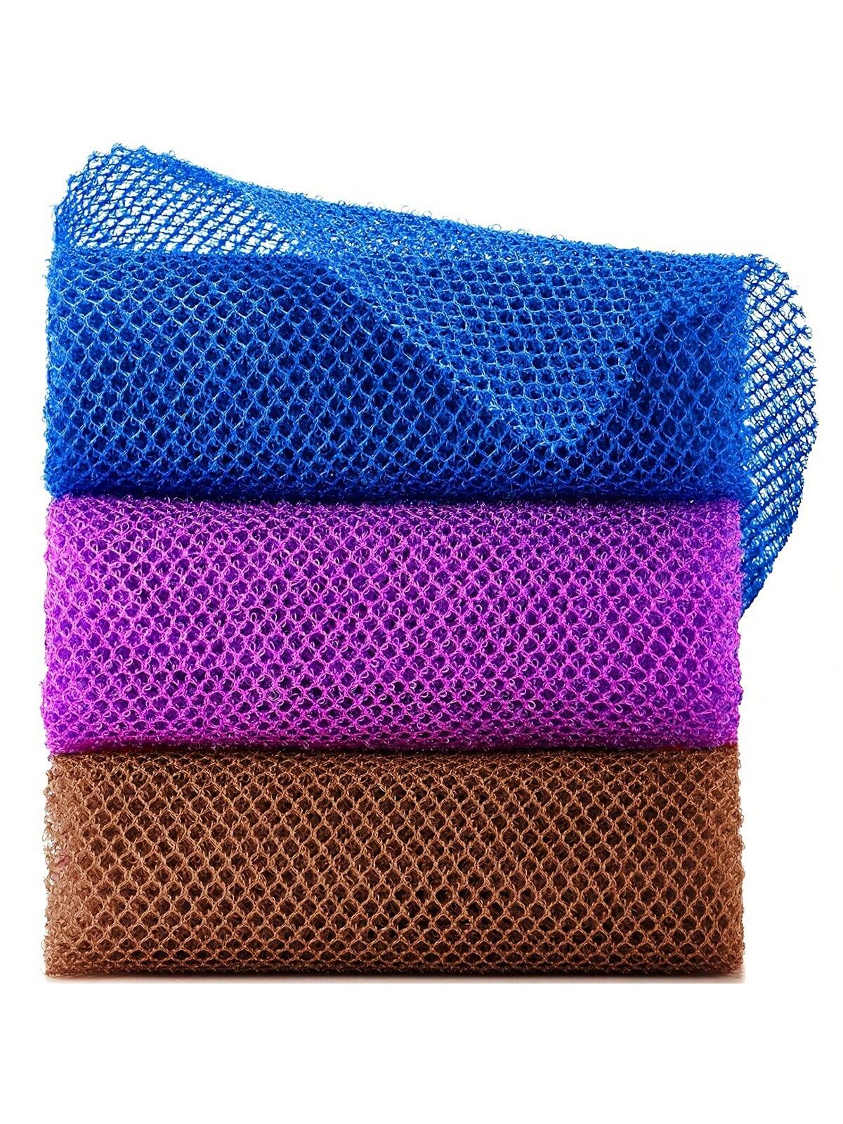 3 Pieces African Bath Sponge African Net Long Net Bath Sponge Exfoliating Shower Body Scrubber Back Scrubber Skin Smoother,Great For Daily Use (Blue,Purple,Brown)