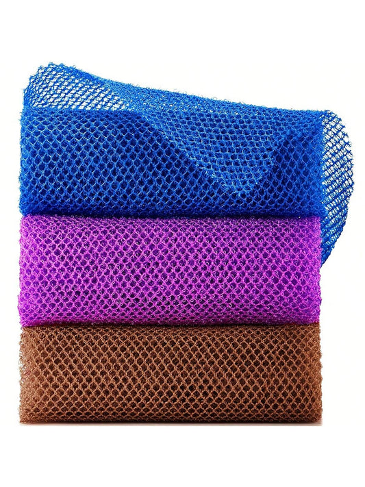 3 Pieces African Bath Sponge African Net Long Net Bath Sponge Exfoliating Shower Body Scrubber Back Scrubber Skin Smoother,Great For Daily Use (Blue,Purple,Brown)
