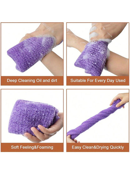 3 Pieces African Bath Sponge African Net Long Net Bath Sponge Exfoliating Shower Body Scrubber Back Scrubber Skin Smoother,Great For Daily Use (Blue,Purple,Brown)