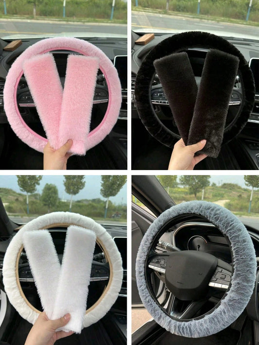 3 Piecescar Plush Steering Wheel Cover And Shoulder Pad Set, A Three Pieces Combination, Suitable For Spring, Autumn, And Winter Use.