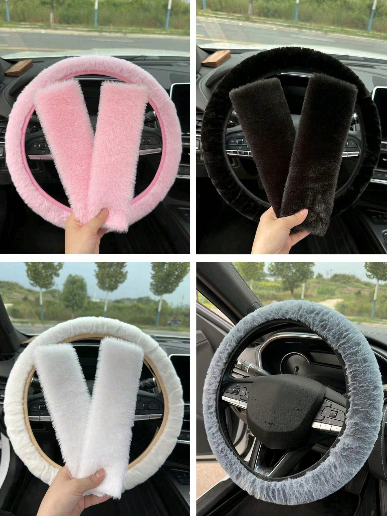 3 Piecescar Plush Steering Wheel Cover And Shoulder Pad Set, A Three Pieces Combination, Suitable For Spring, Autumn, And Winter Use.