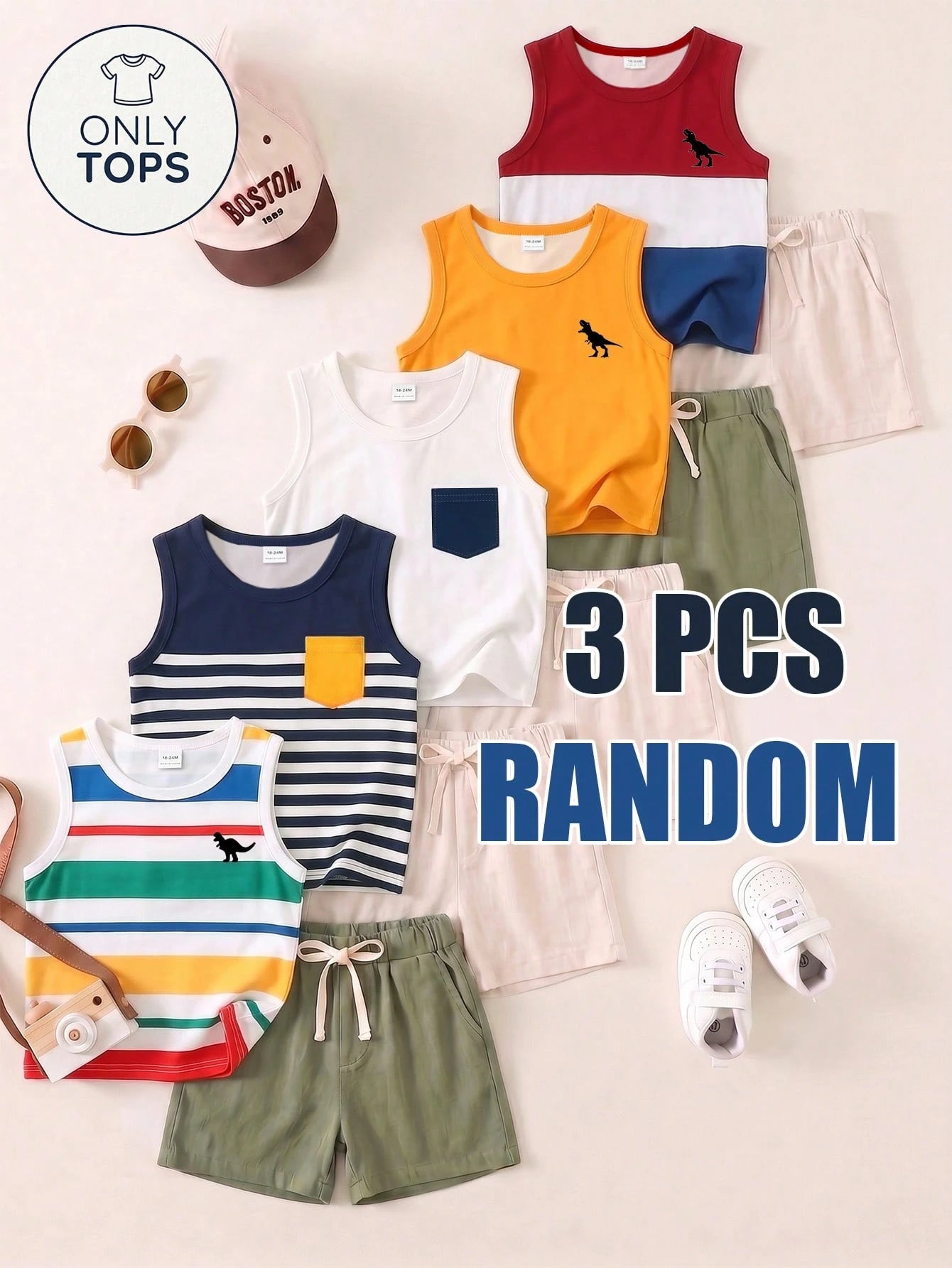 3 Random Piece Tops, Boy Tank Tops, All Round Neck + Wide Strap Basic Style, Fabric Looks Soft And Skin-Friendly