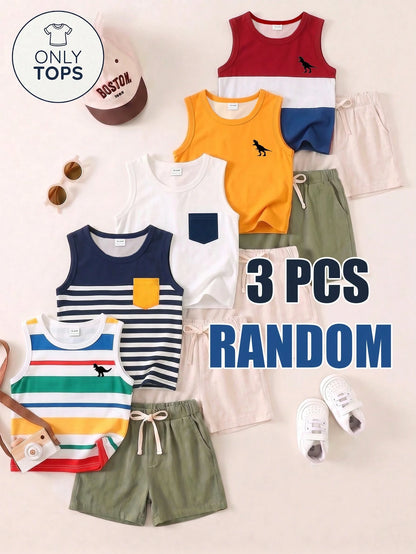 3 Random Piece Tops, Boy Tank Tops, All Round Neck + Wide Strap Basic Style, Fabric Looks Soft And Skin-Friendly